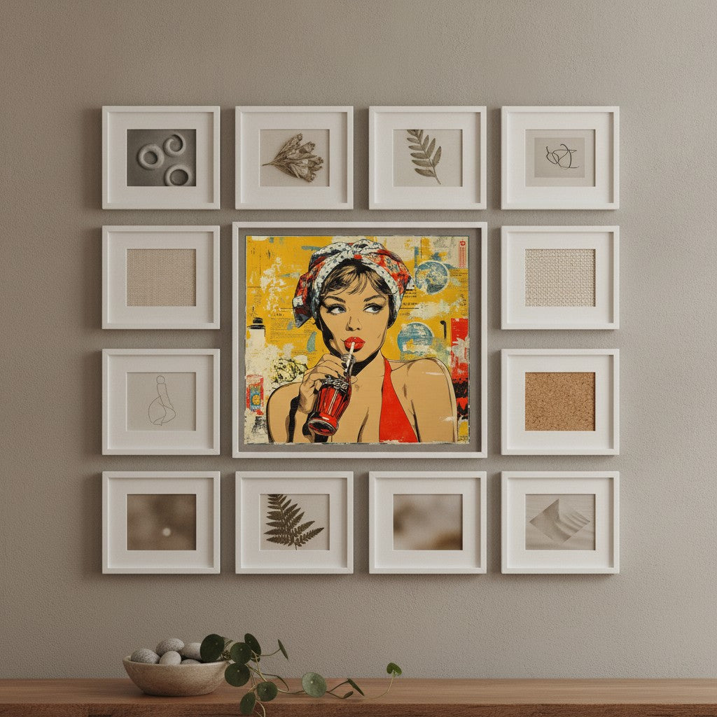 Retro Cola Pop Art art print shown in a square grid gallery putty setting