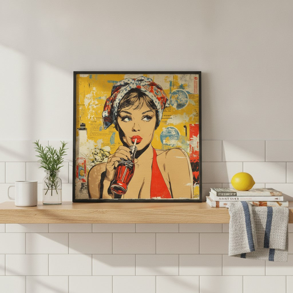 Retro Cola Pop Art art print shown in a square kitchen open shelf setting
