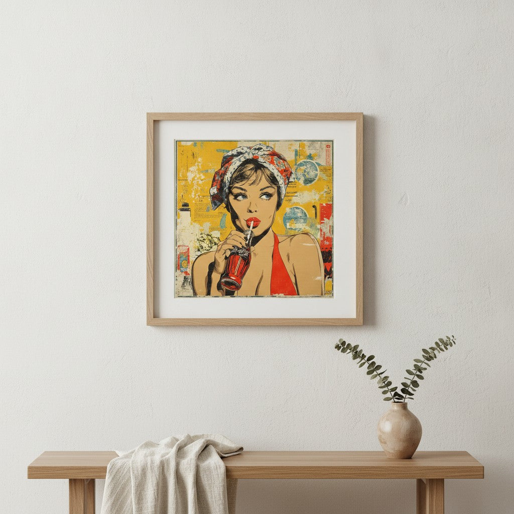 Retro Cola Pop Art art print shown in a square minimal ash setting