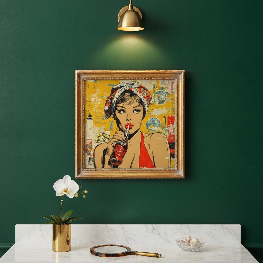 Retro Cola Pop Art art print shown in a square powder room emerald setting