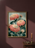Botanical Zinnia Flower Art art print shown in a burgundy brass setting
