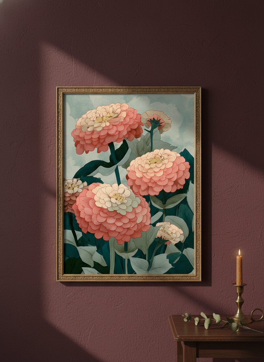 Botanical Zinnia Flower Art art print shown in a burgundy brass setting