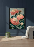 Botanical Zinnia Flower Art art print shown in a charcoal minimal black setting