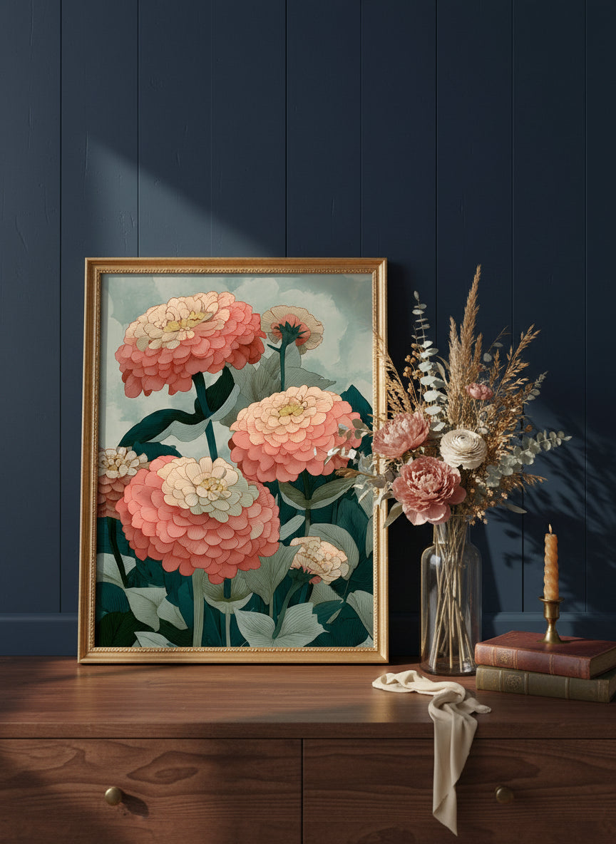 Botanical Zinnia Flower Art art print shown in a dresser dried florals setting