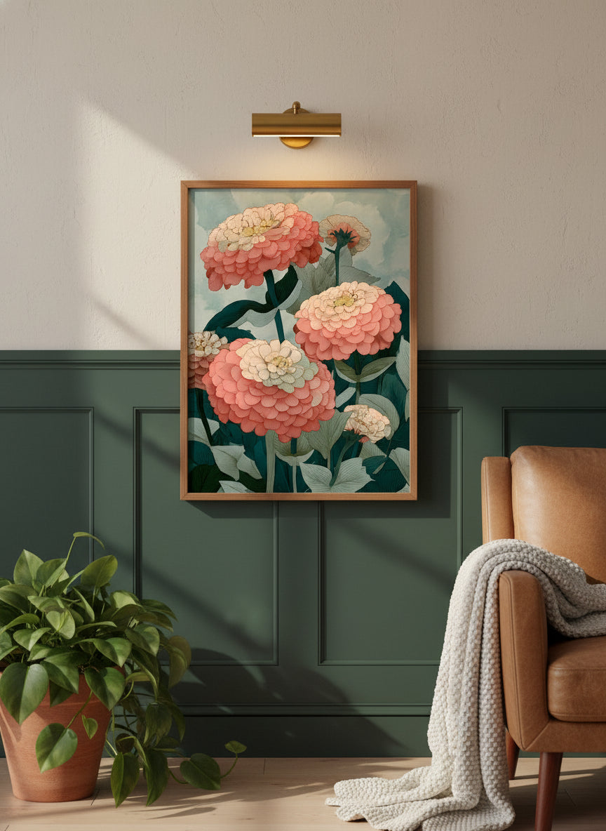 Botanical Zinnia Flower Art art print shown in a forest green walnut setting