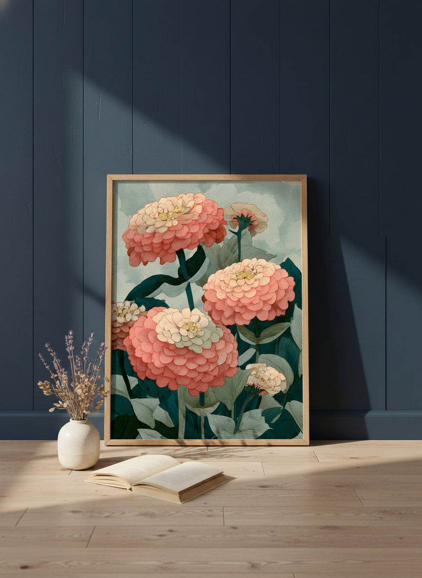 Botanical Zinnia Flower Art art print shown in a navy paneled oak setting