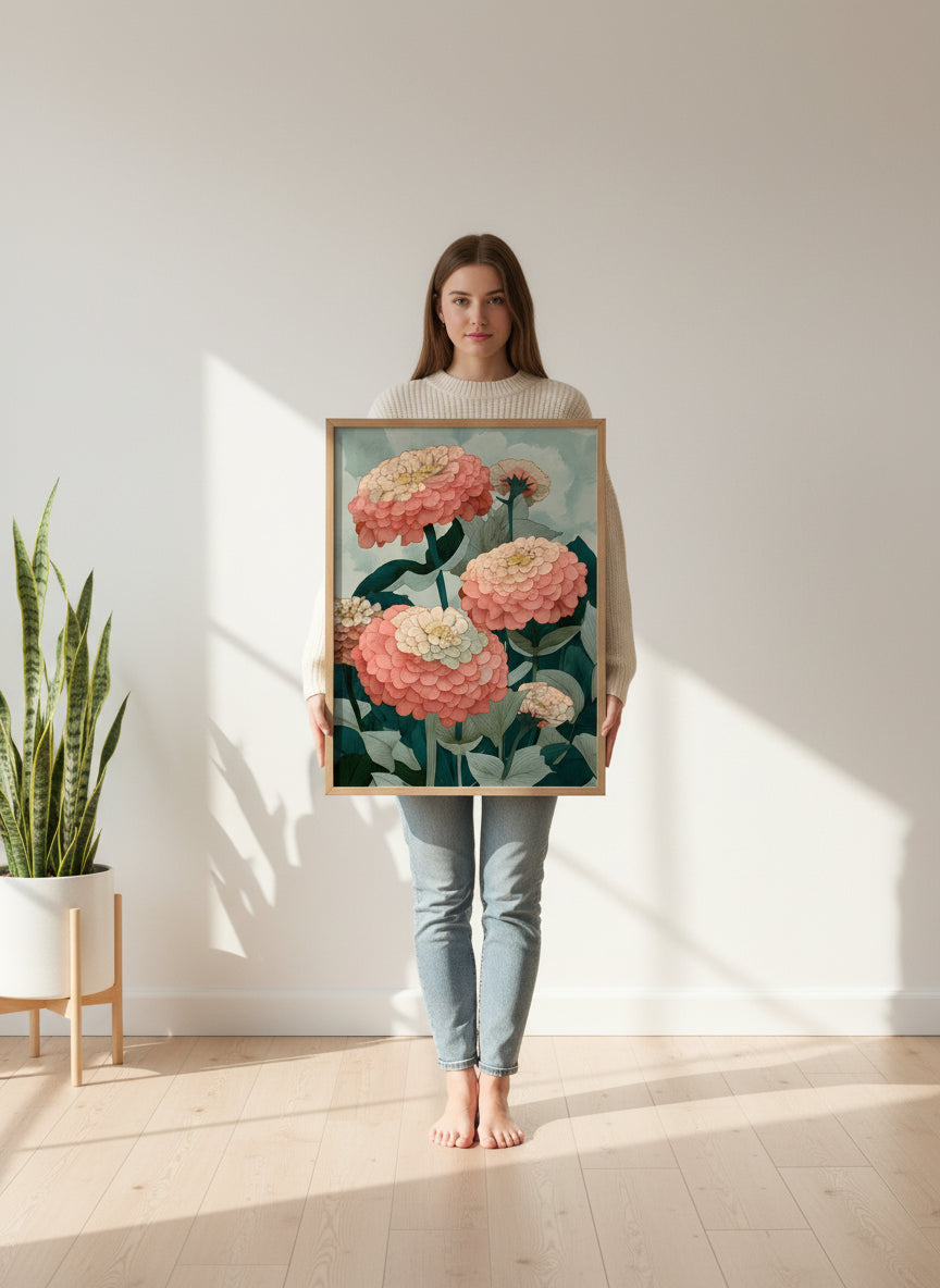 Botanical Zinnia Flower Art art print shown in a person holding bright setting