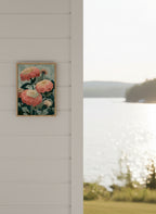Botanical Zinnia Flower Art art print shown in a shiplap blurred view setting