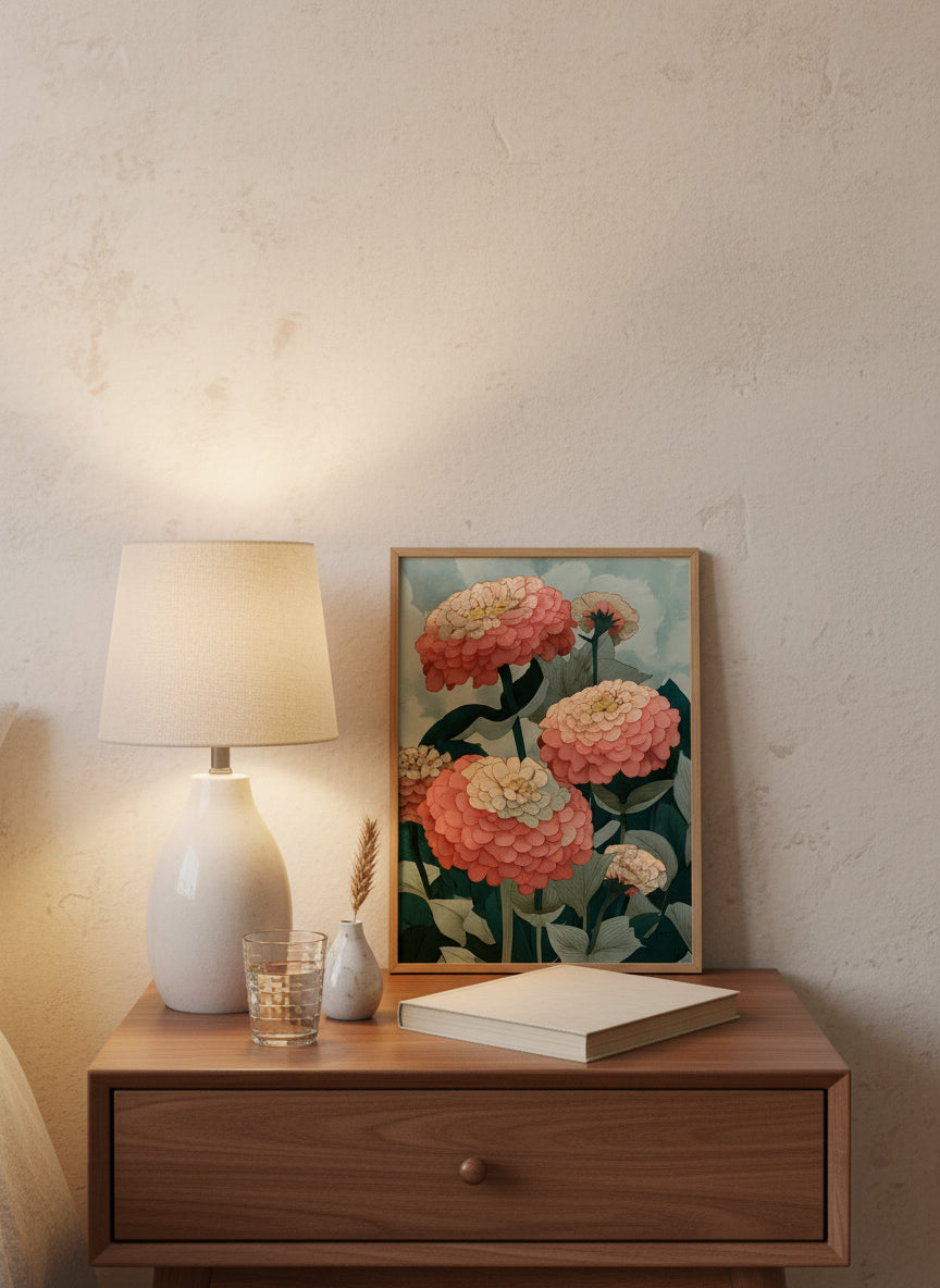 Botanical Zinnia Flower Art art print shown in a small bedside oak setting