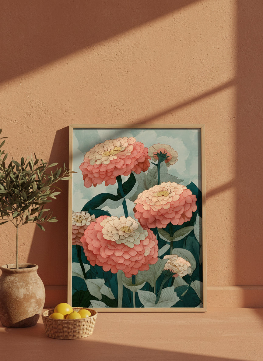 Botanical Zinnia Flower Art art print shown in a terracotta rustic setting