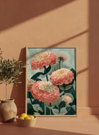 Botanical Zinnia Flower Art art print shown in a terracotta rustic setting