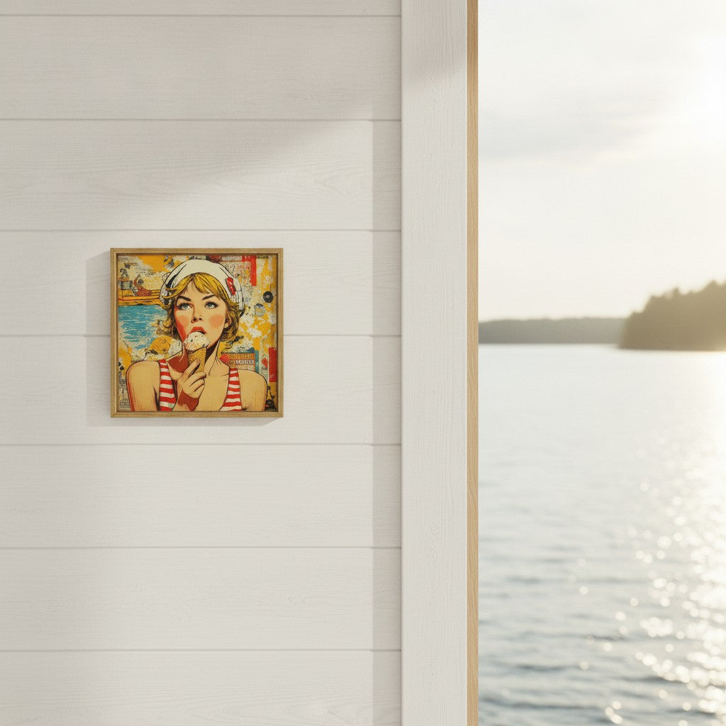 Retro Ice Cream Pop Art art print shown in a shiplap blurred view setting