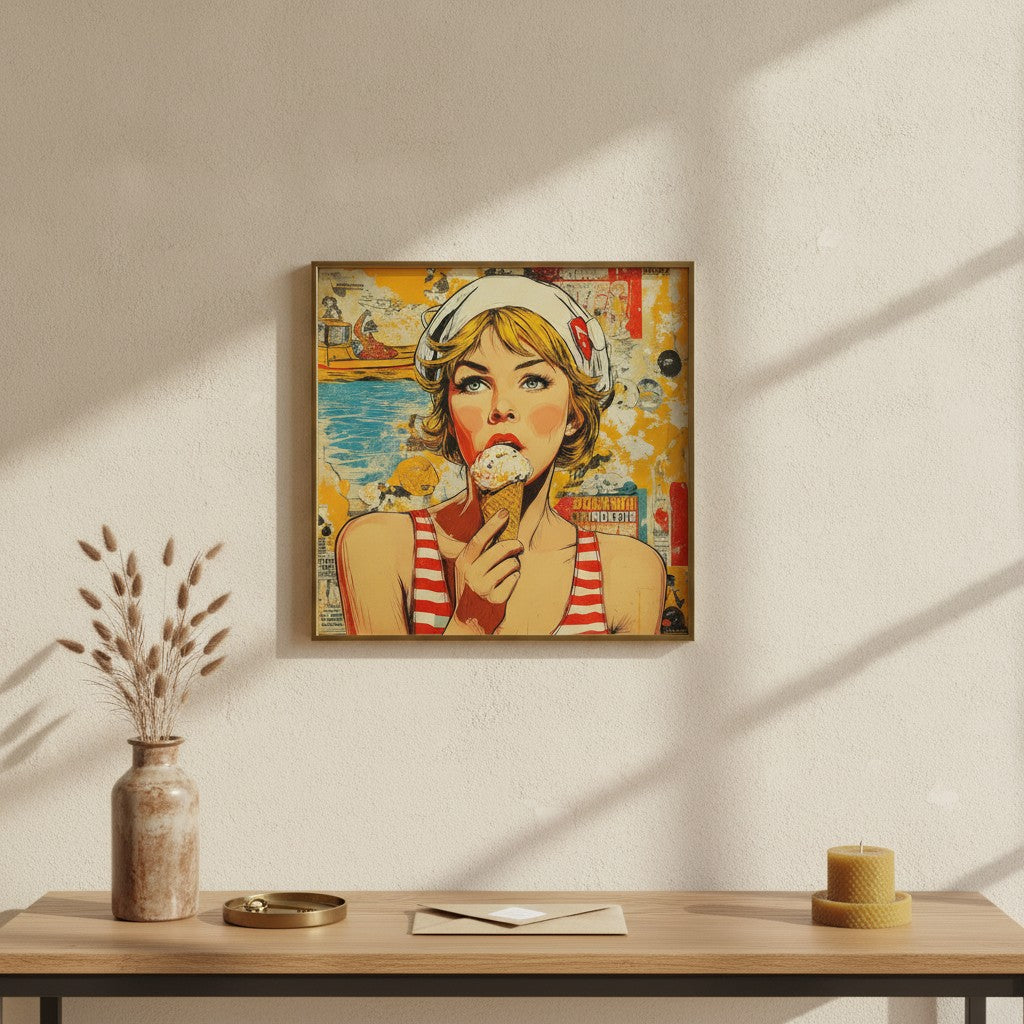 Retro Ice Cream Pop Art art print shown in a square console brass setting
