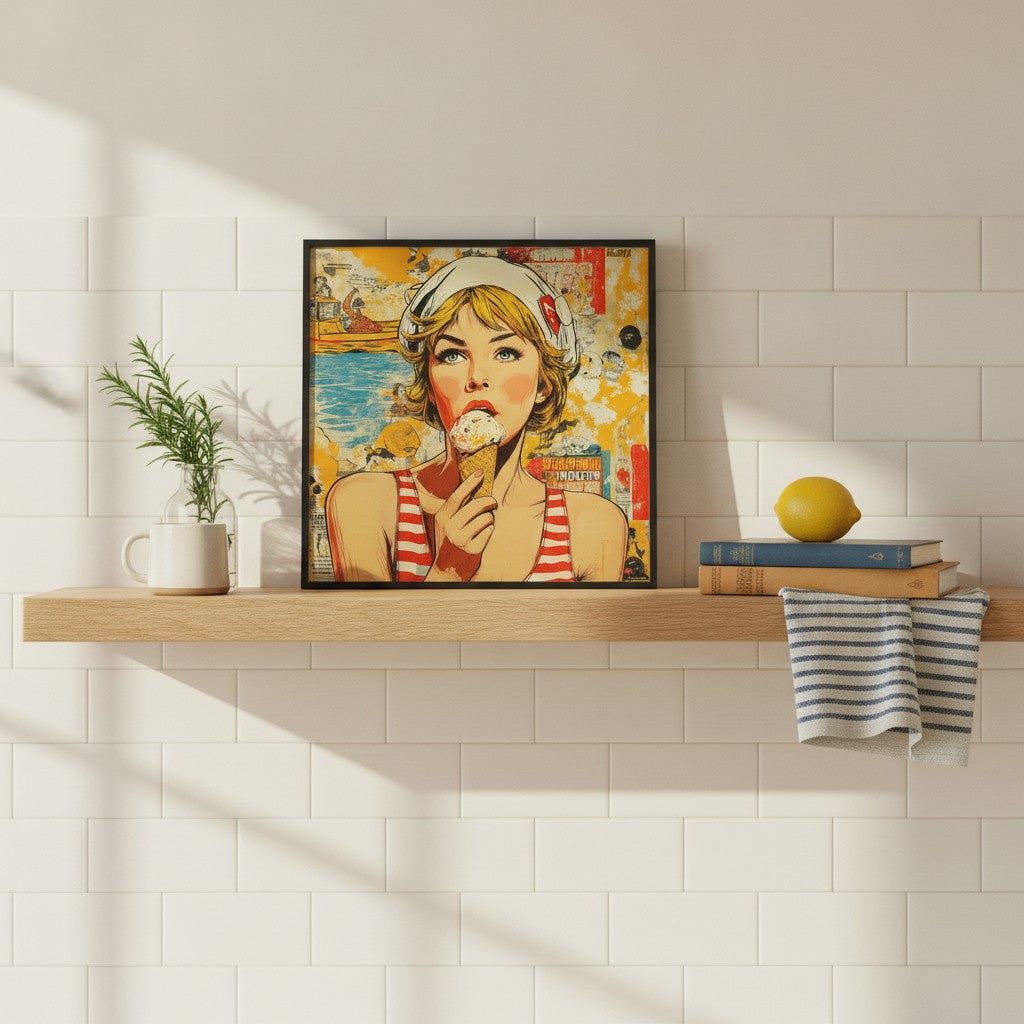 Retro Ice Cream Pop Art art print shown in a square kitchen open shelf setting