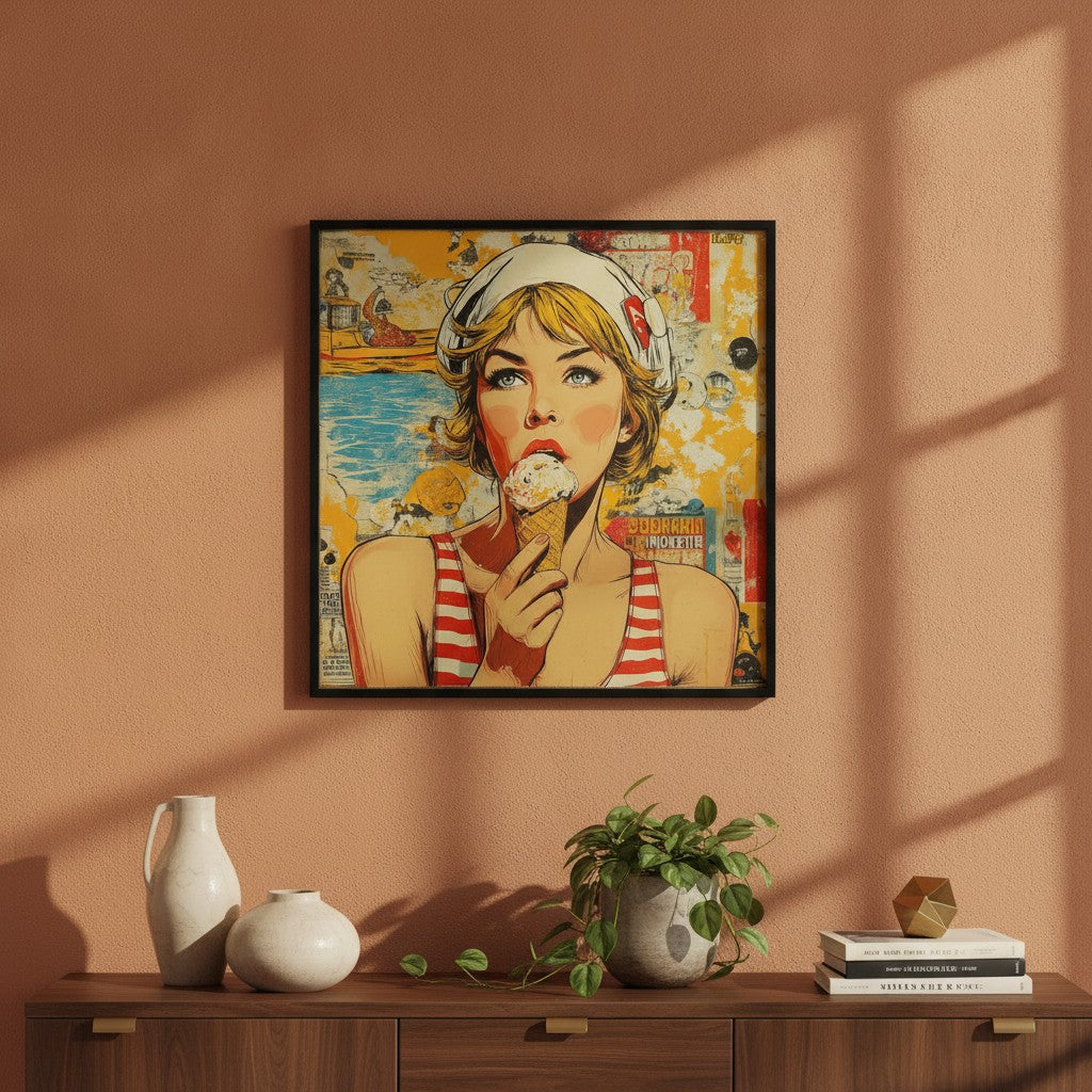 Retro Ice Cream Pop Art art print shown in a square modern credenza terracotta setting
