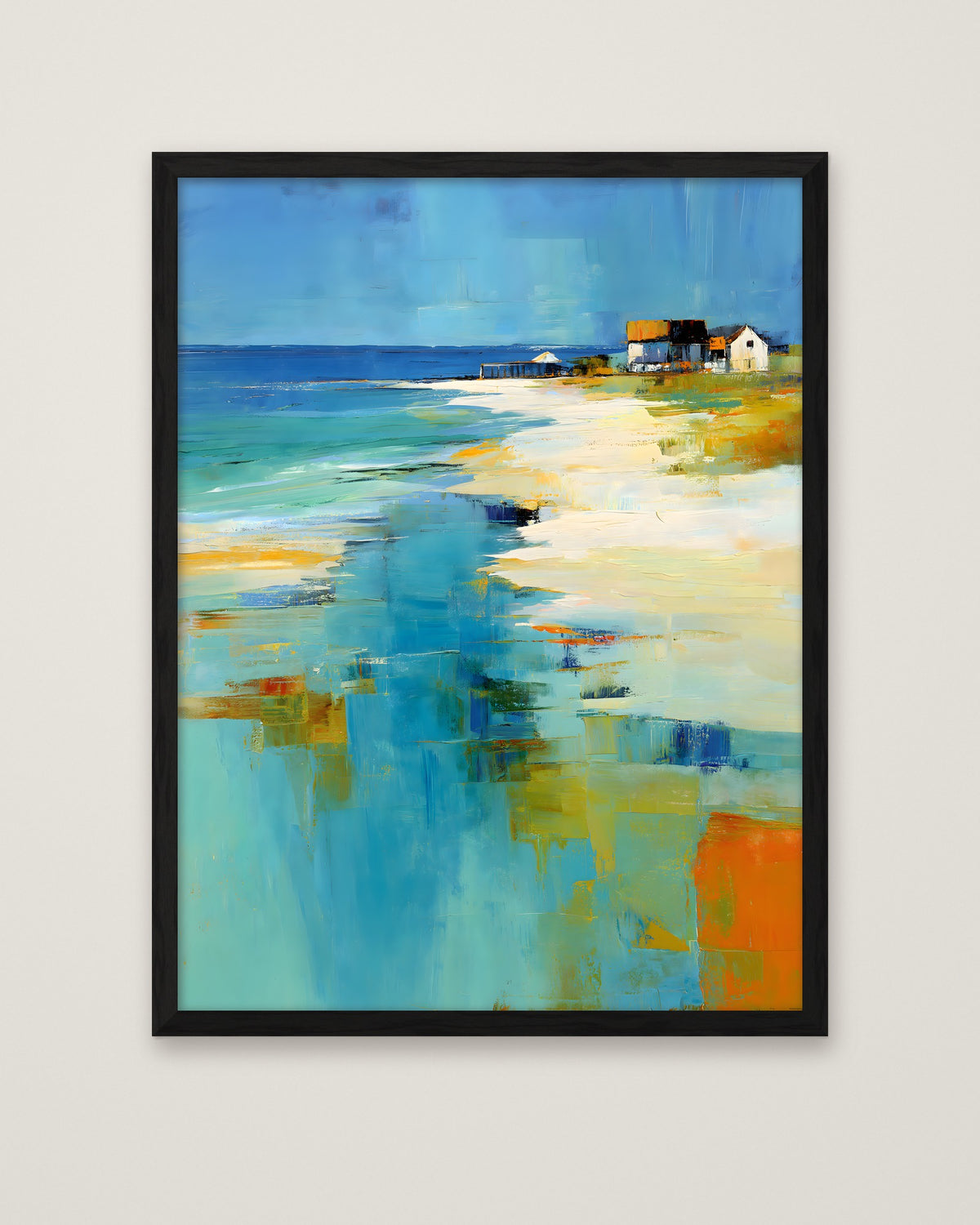 Abstract Coastal Beach House Art in a black frame