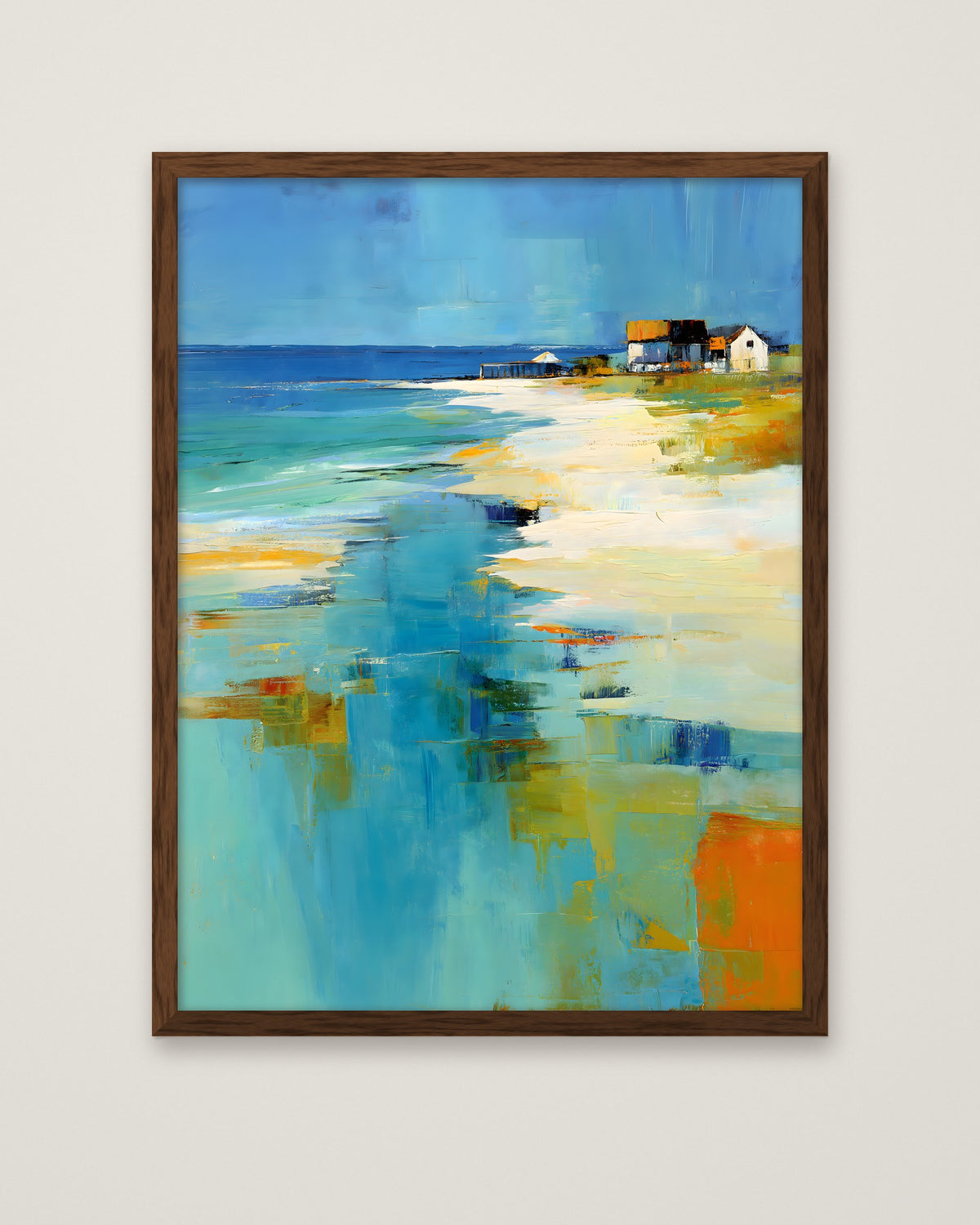 Abstract Coastal Beach House Art in a dark wood frame