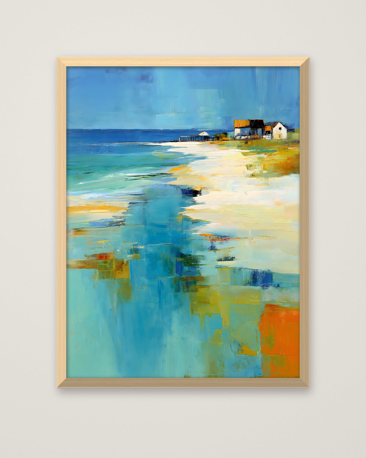 Abstract Coastal Beach House Art in a natural wood frame