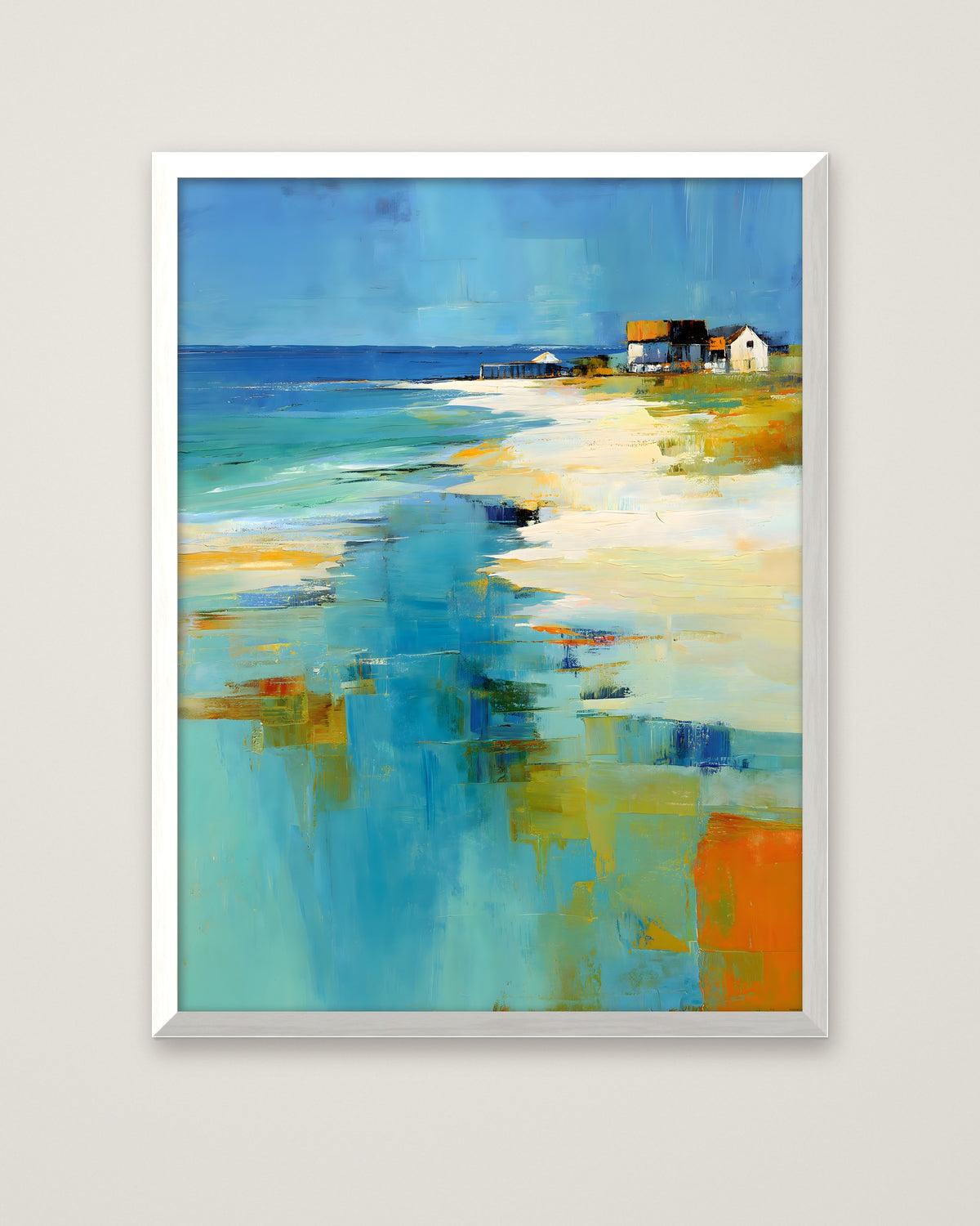 Abstract Coastal Beach House Art in a white frame