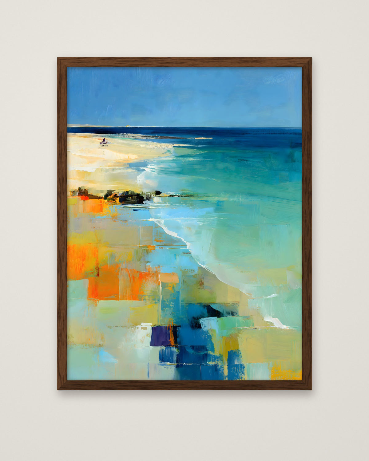 Abstract Coastal Beach Landscape Art in a dark wood frame