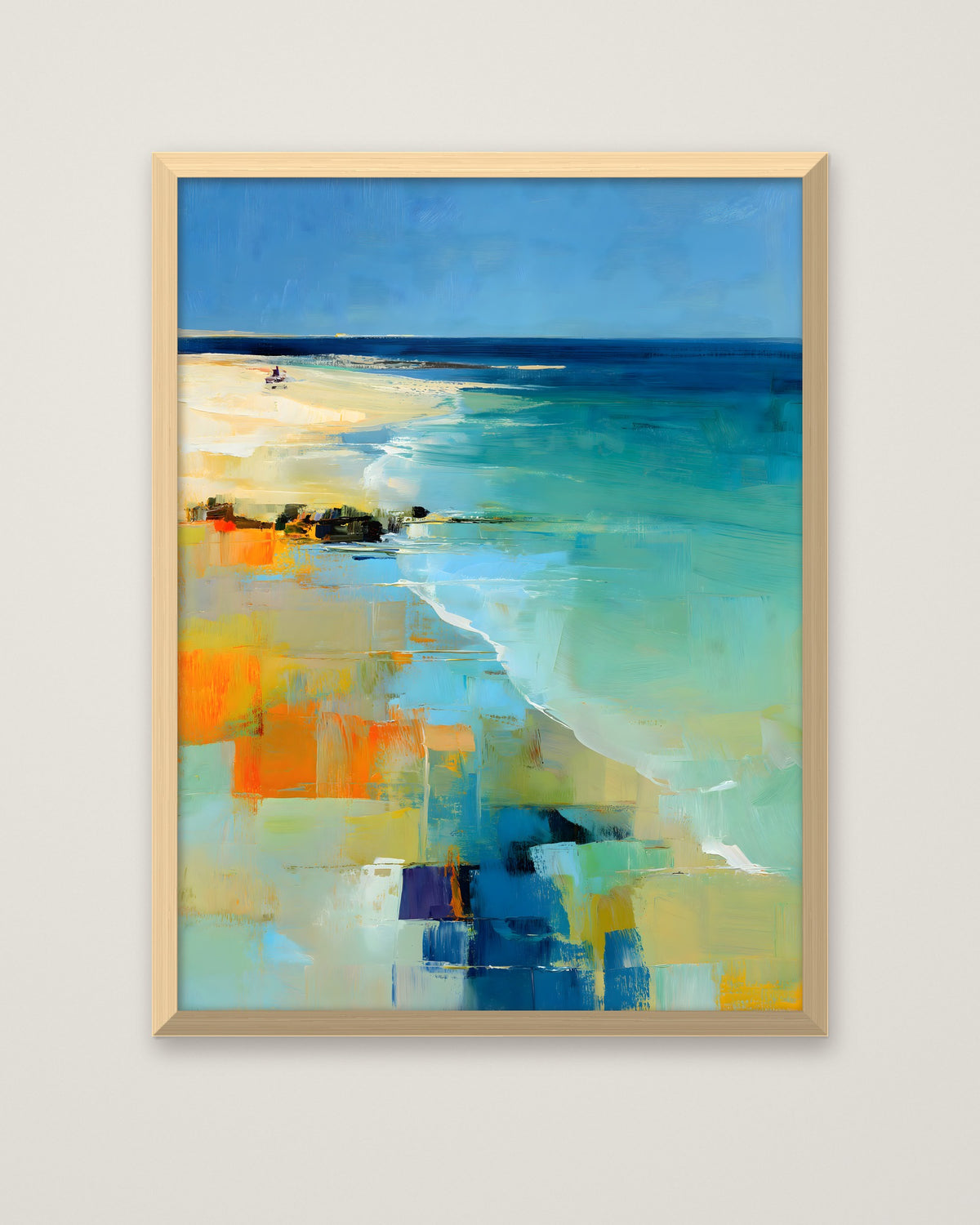 Abstract Coastal Beach Landscape Art in a natural wood frame