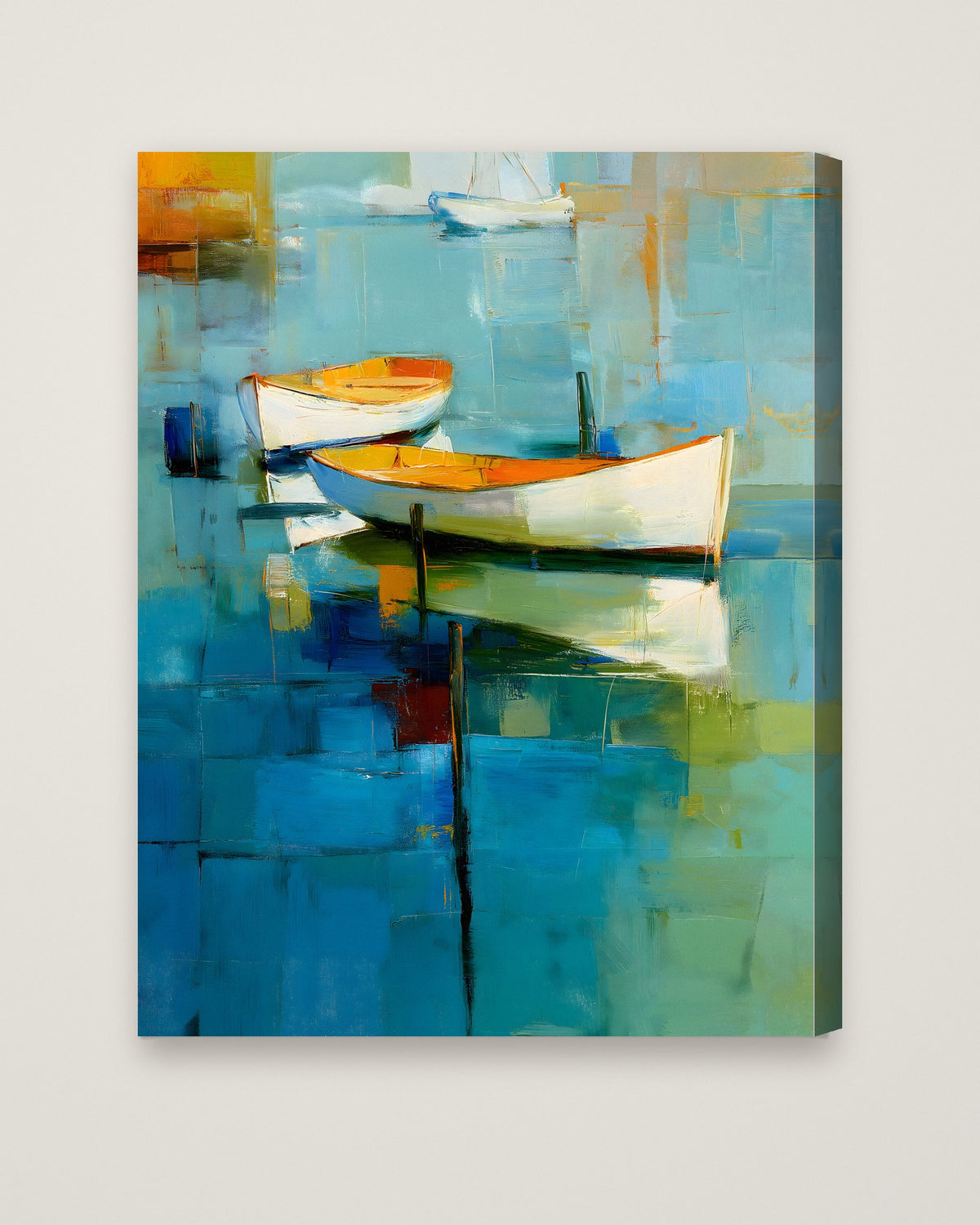 Abstract Coastal Boats Painting as a stretched canvas