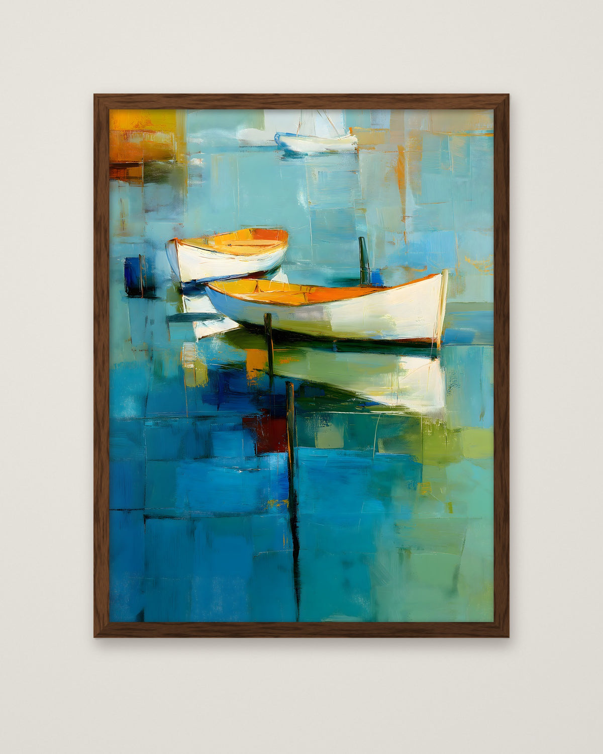 Abstract Coastal Boats Painting in a dark wood frame