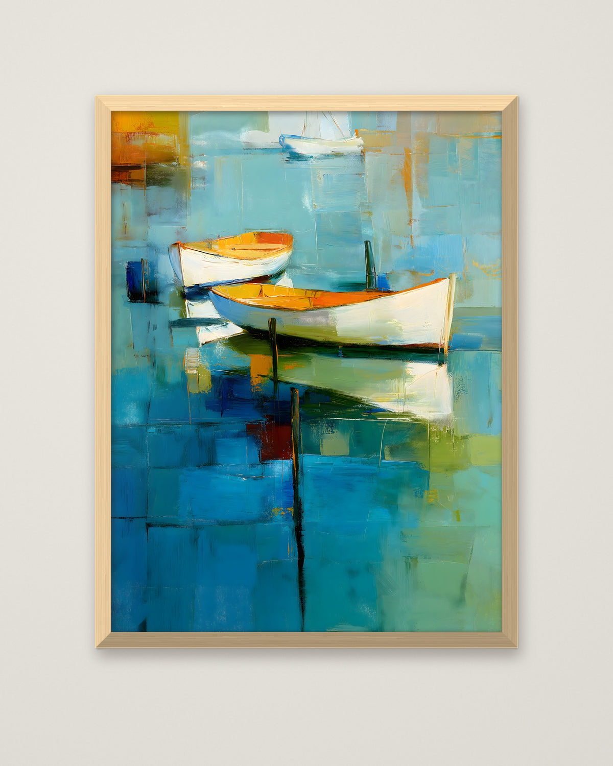 Abstract Coastal Boats Painting in a natural wood frame