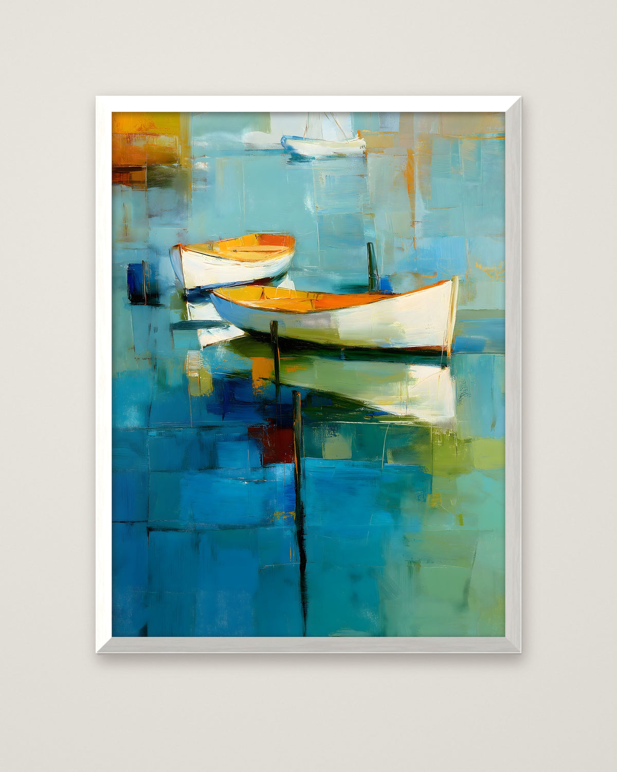 Abstract Coastal Boats Painting in a white frame