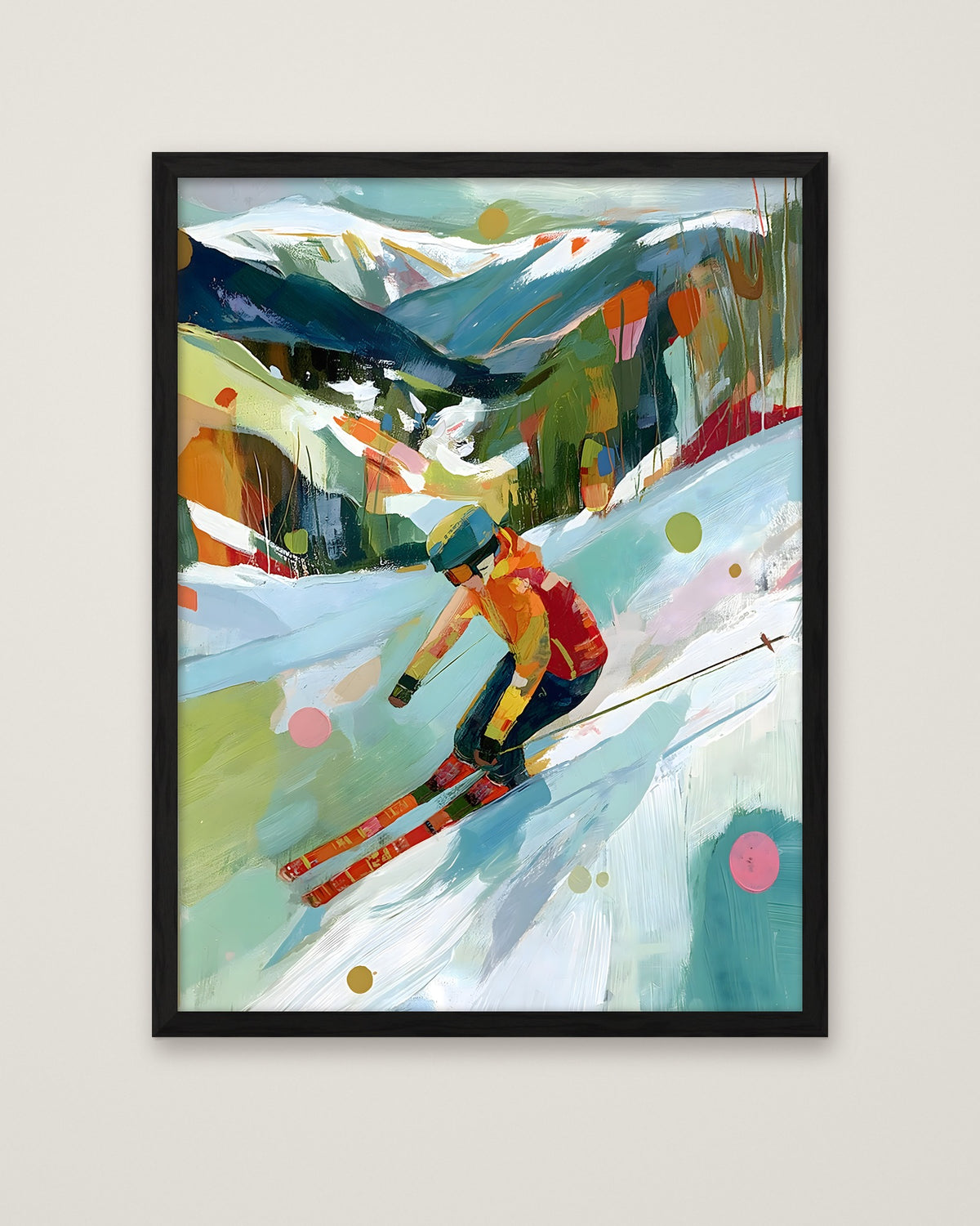 Abstract Colorful Skier Mountain Art in a black frame