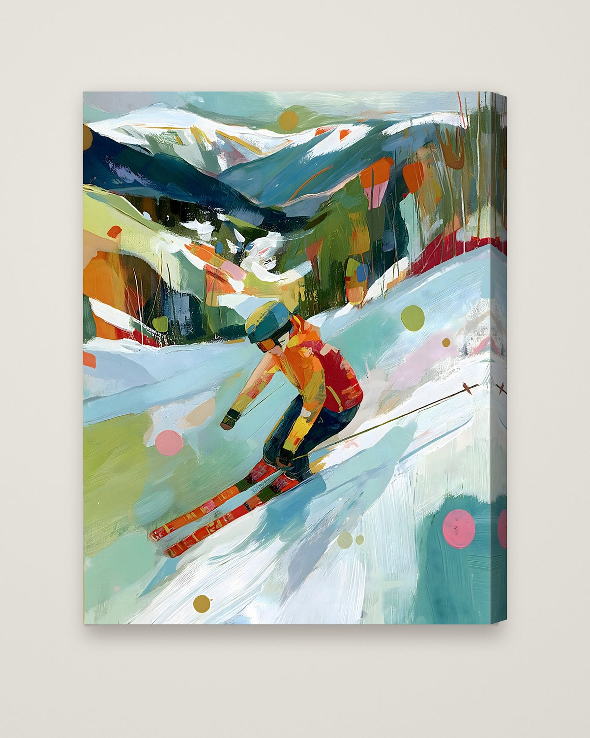 Abstract Colorful Skier Mountain Art as a stretched canvas