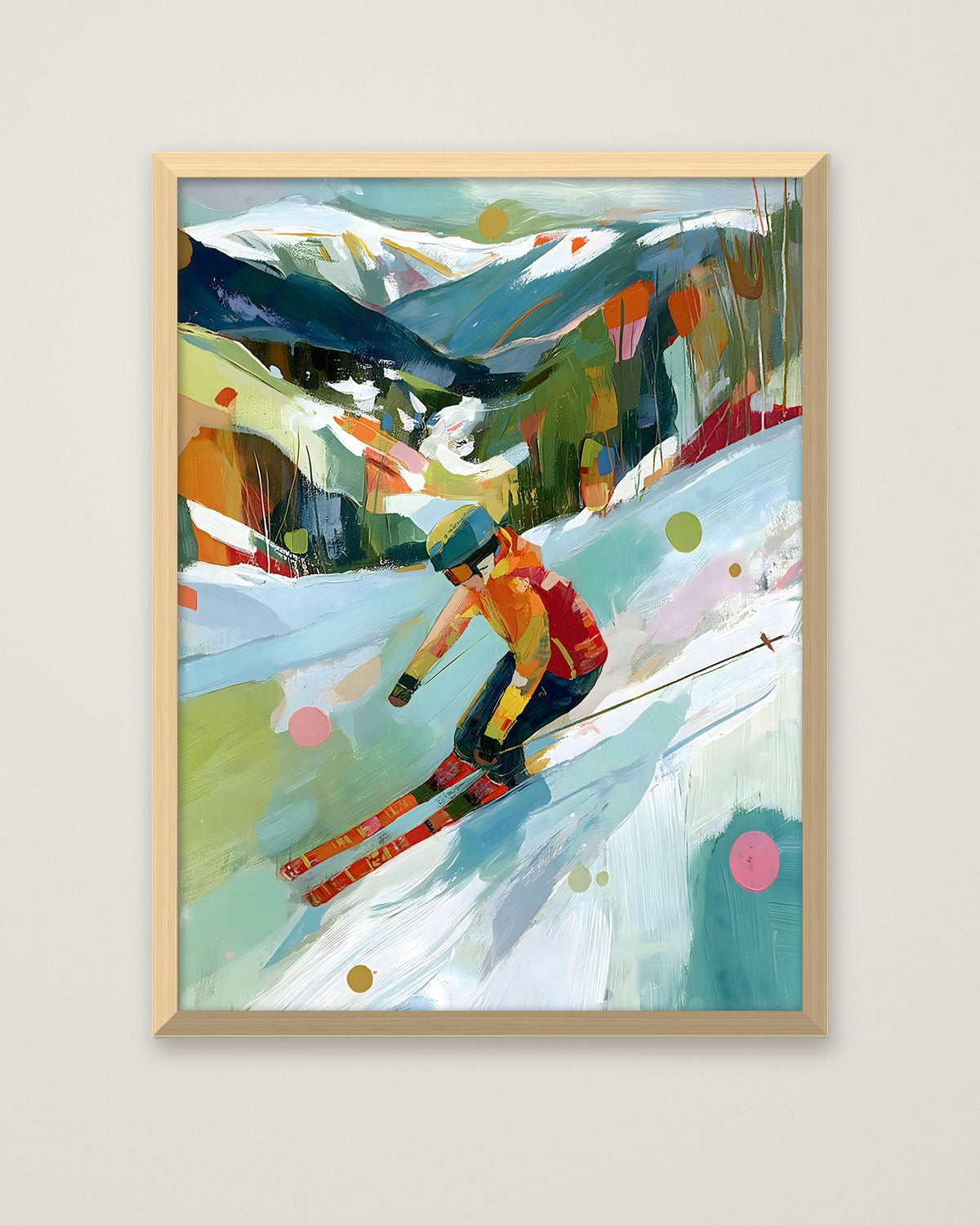 Abstract Colorful Skier Mountain Art in a natural wood frame
