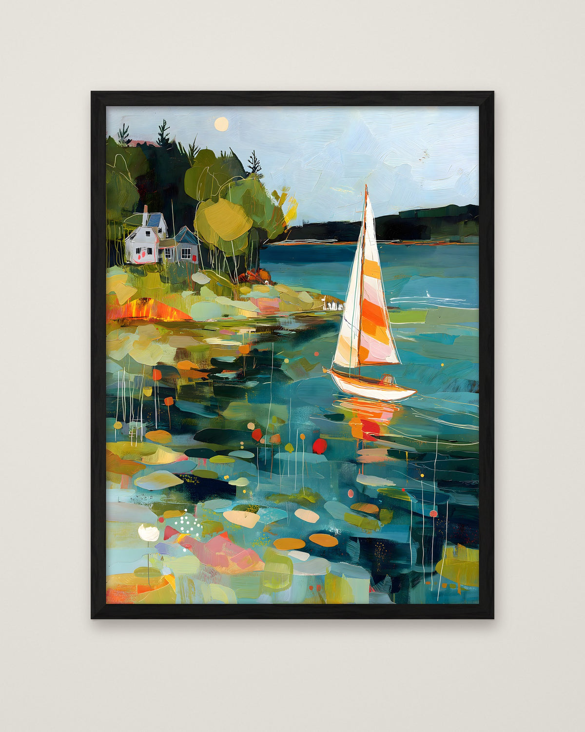 Abstract Sailboat Coastal Painting in a black frame