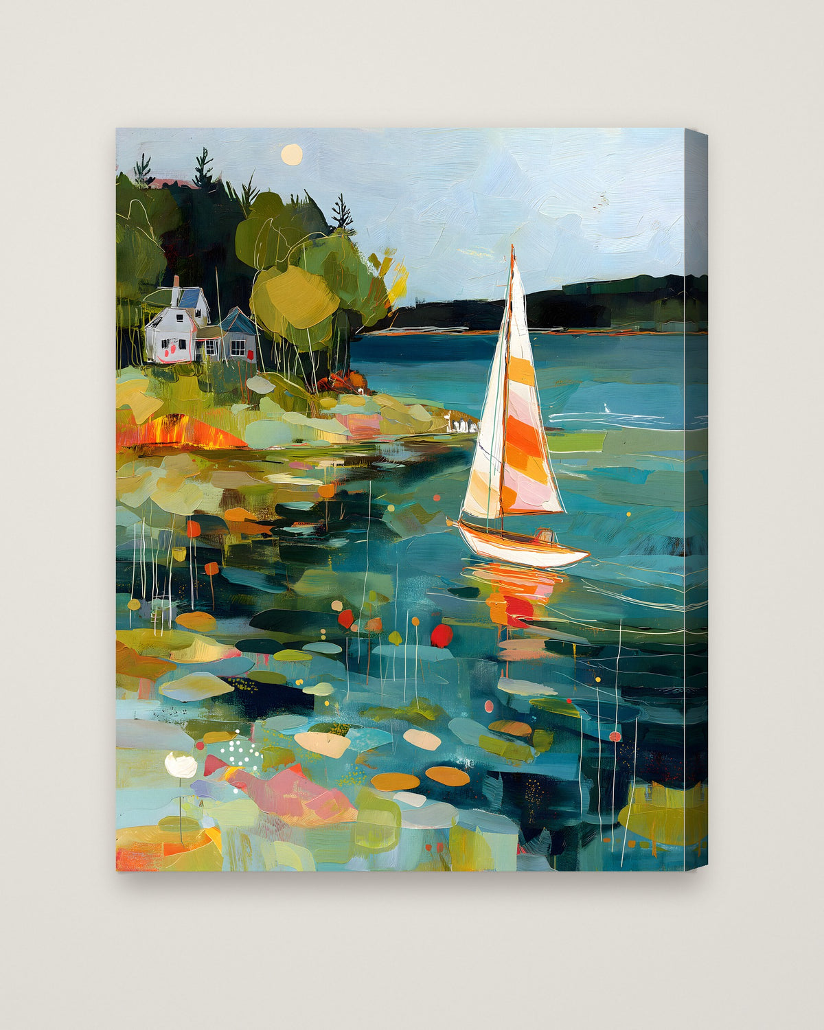 Abstract Sailboat Coastal Painting as a stretched canvas