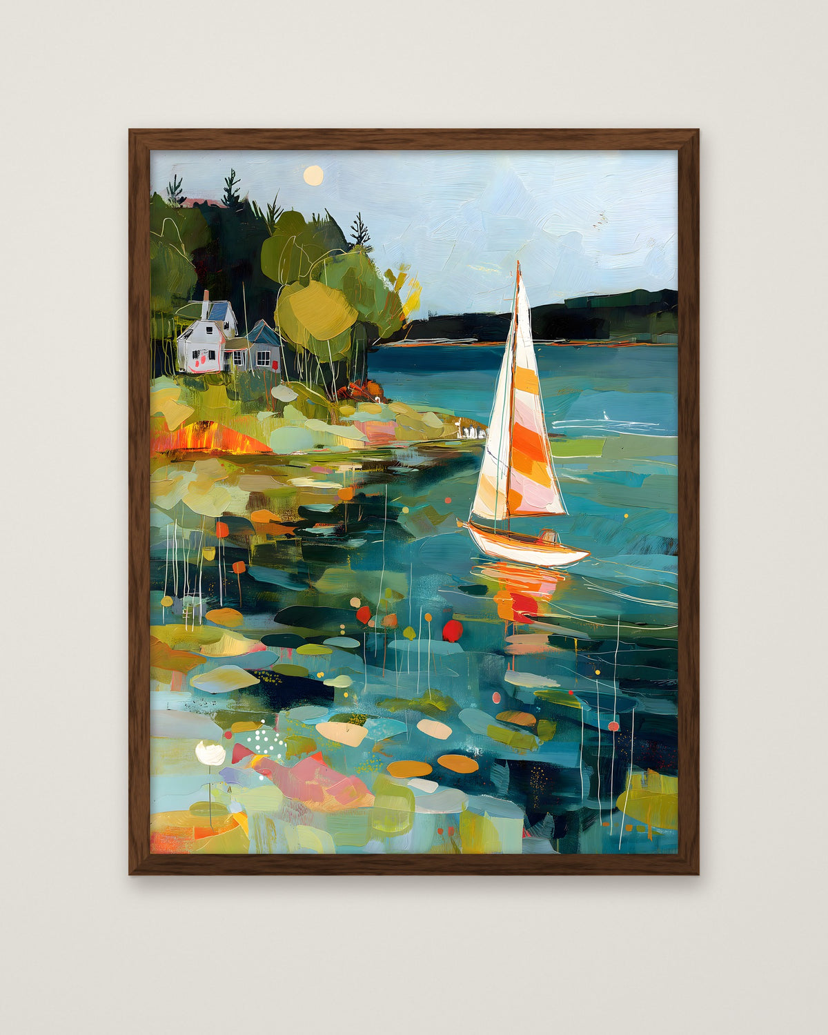 Abstract Sailboat Coastal Painting in a dark wood frame