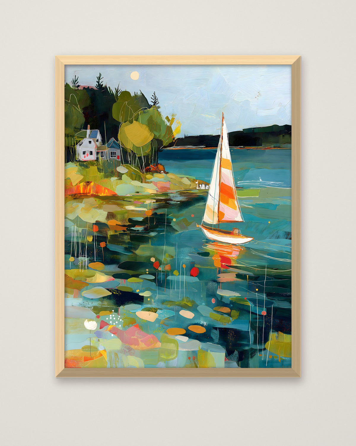 Abstract Sailboat Coastal Painting in a natural wood frame