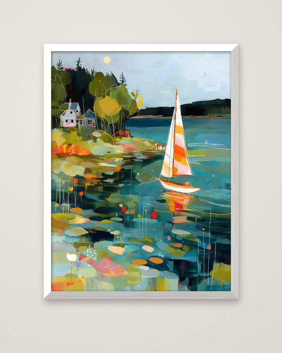 Abstract Sailboat Coastal Painting in a white frame