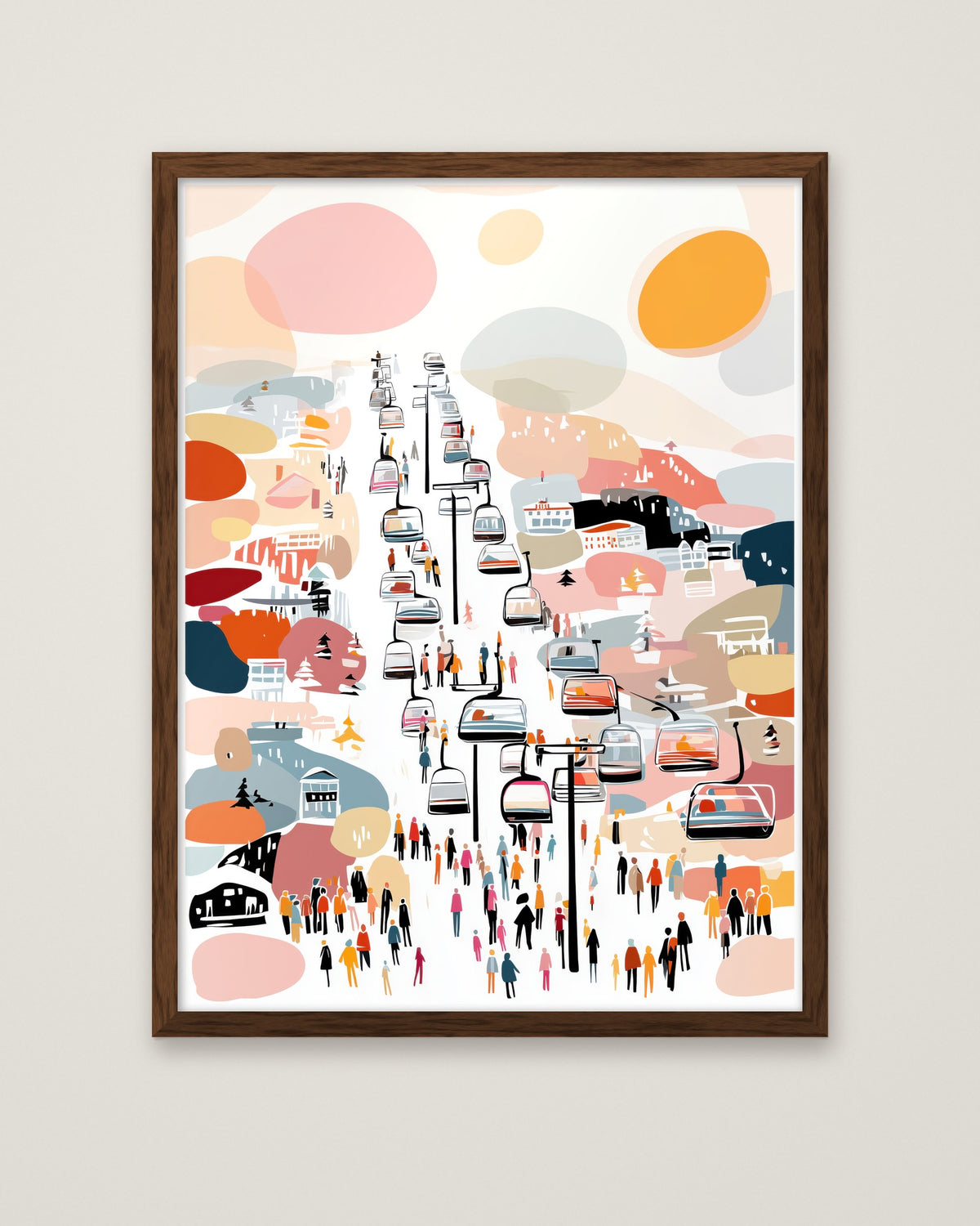 Abstract Ski Resort Gondola Art in a dark wood frame