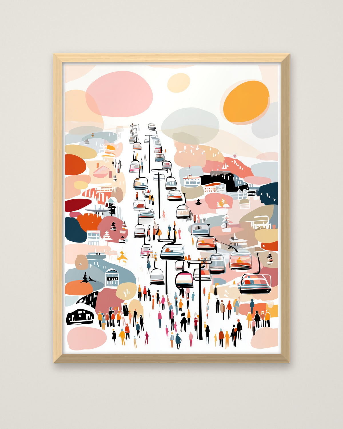Abstract Ski Resort Gondola Art in a natural wood frame