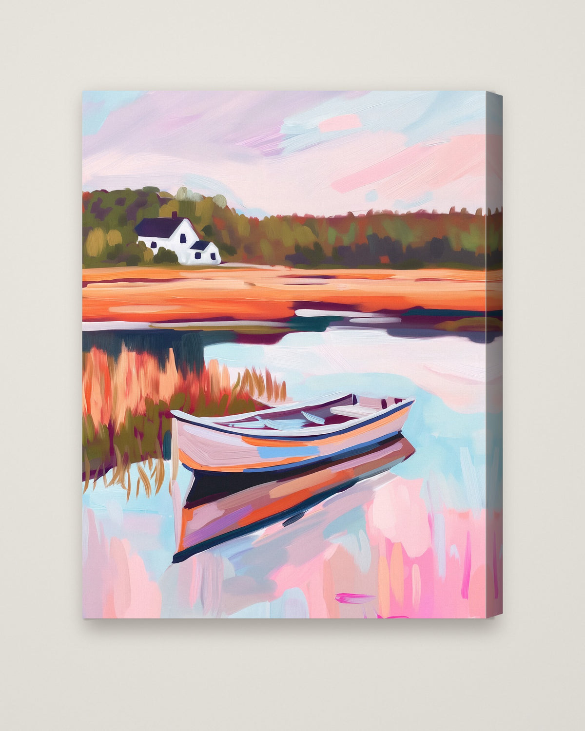 Autumn Lake Boat Landscape Art as a stretched canvas