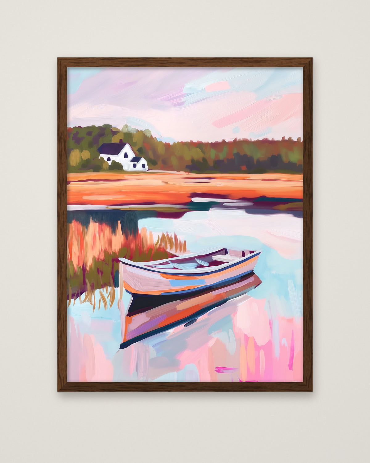 Autumn Lake Boat Landscape Art in a dark wood frame