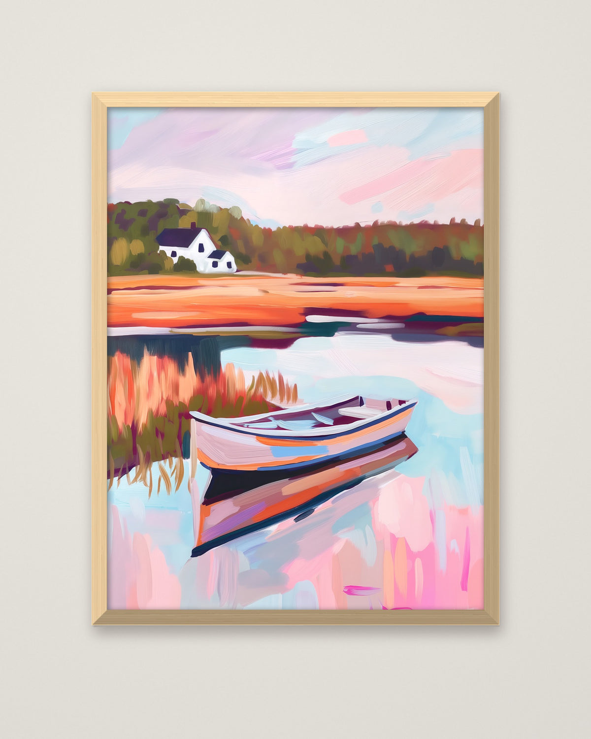 Autumn Lake Boat Landscape Art in a natural wood frame