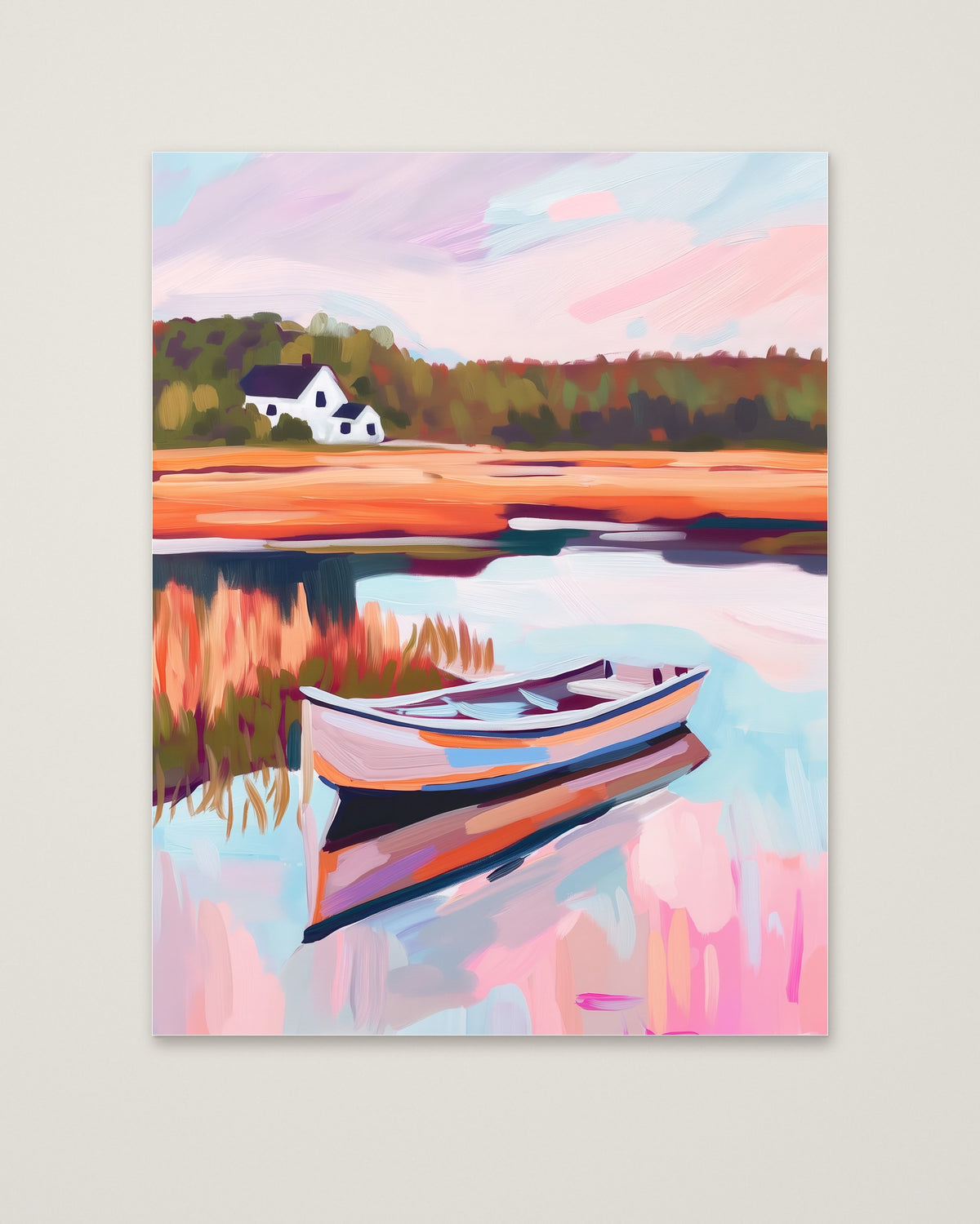 Autumn Lake Boat Landscape Art as an unframed matte paper print