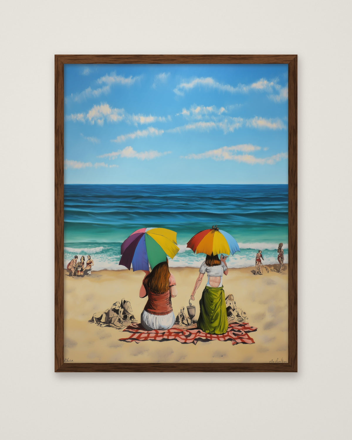 Banksy Style Beach Umbrella Art in a dark wood frame