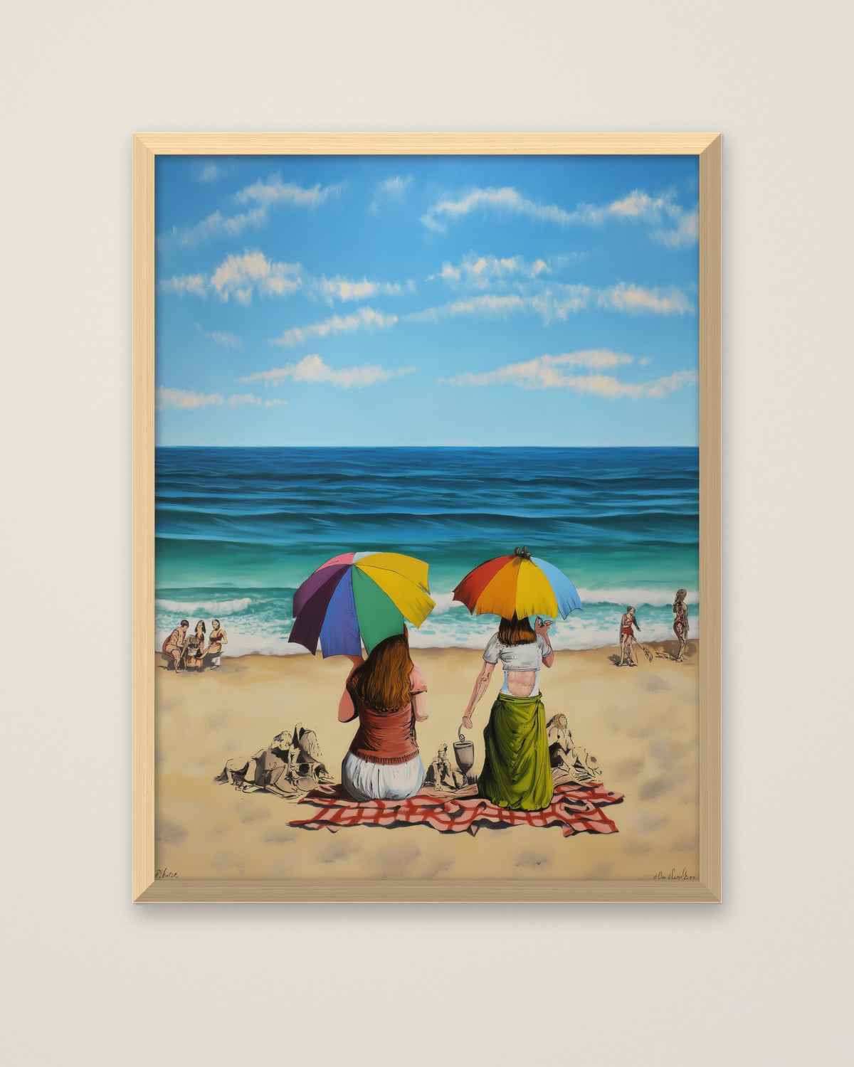Banksy Style Beach Umbrella Art in a natural wood frame