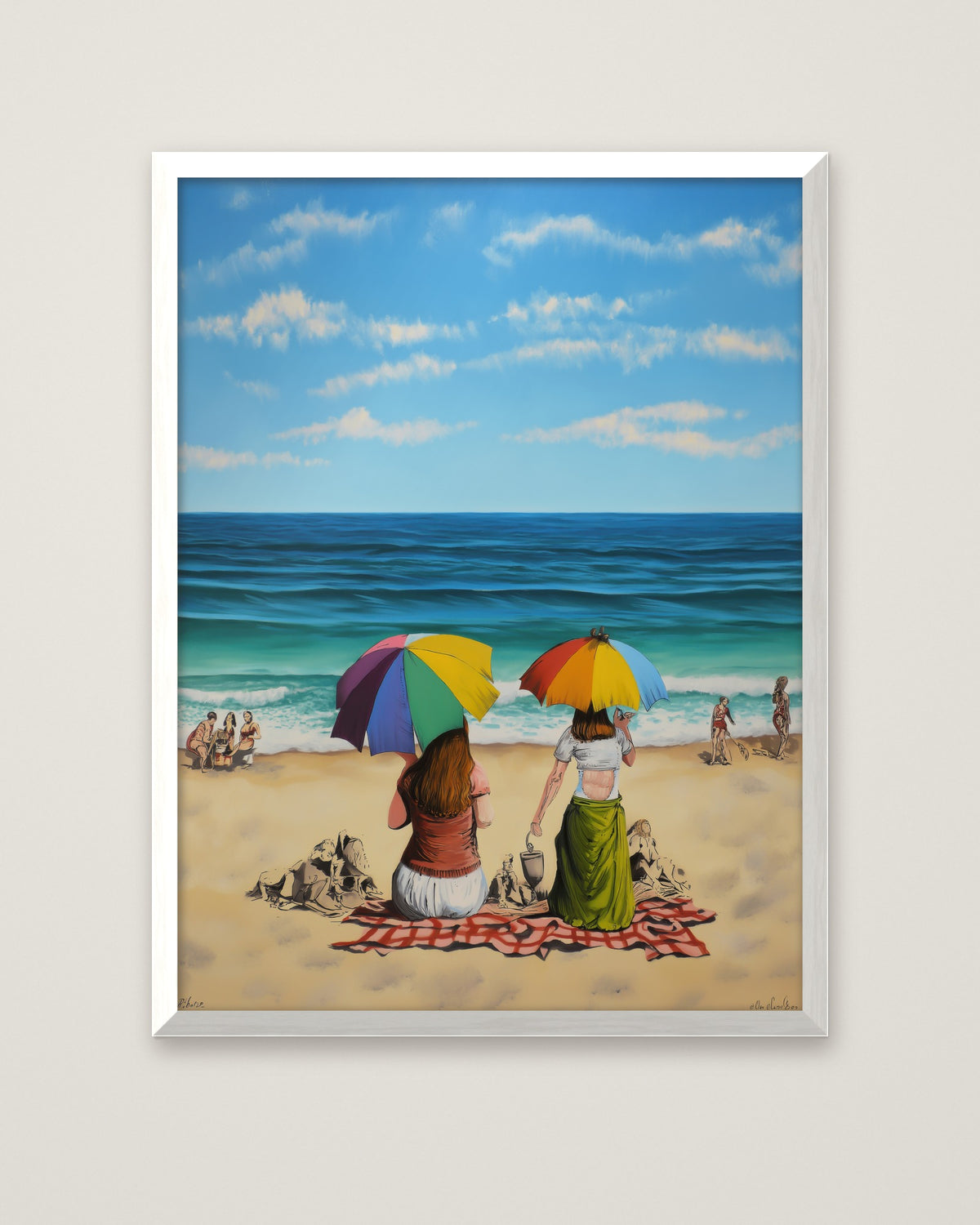 Banksy Style Beach Umbrella Art in a white frame