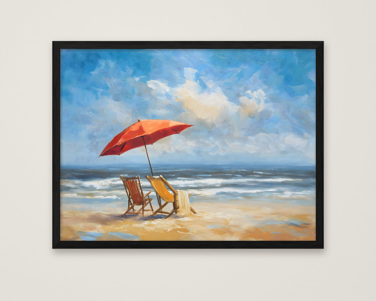 Beach Chairs Umbrella Ocean Painting in a black frame