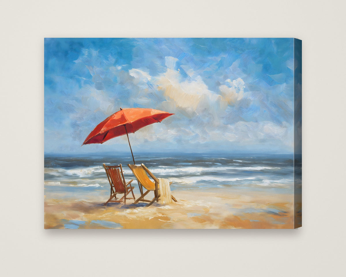 Beach Chairs Umbrella Ocean Painting as a stretched canvas