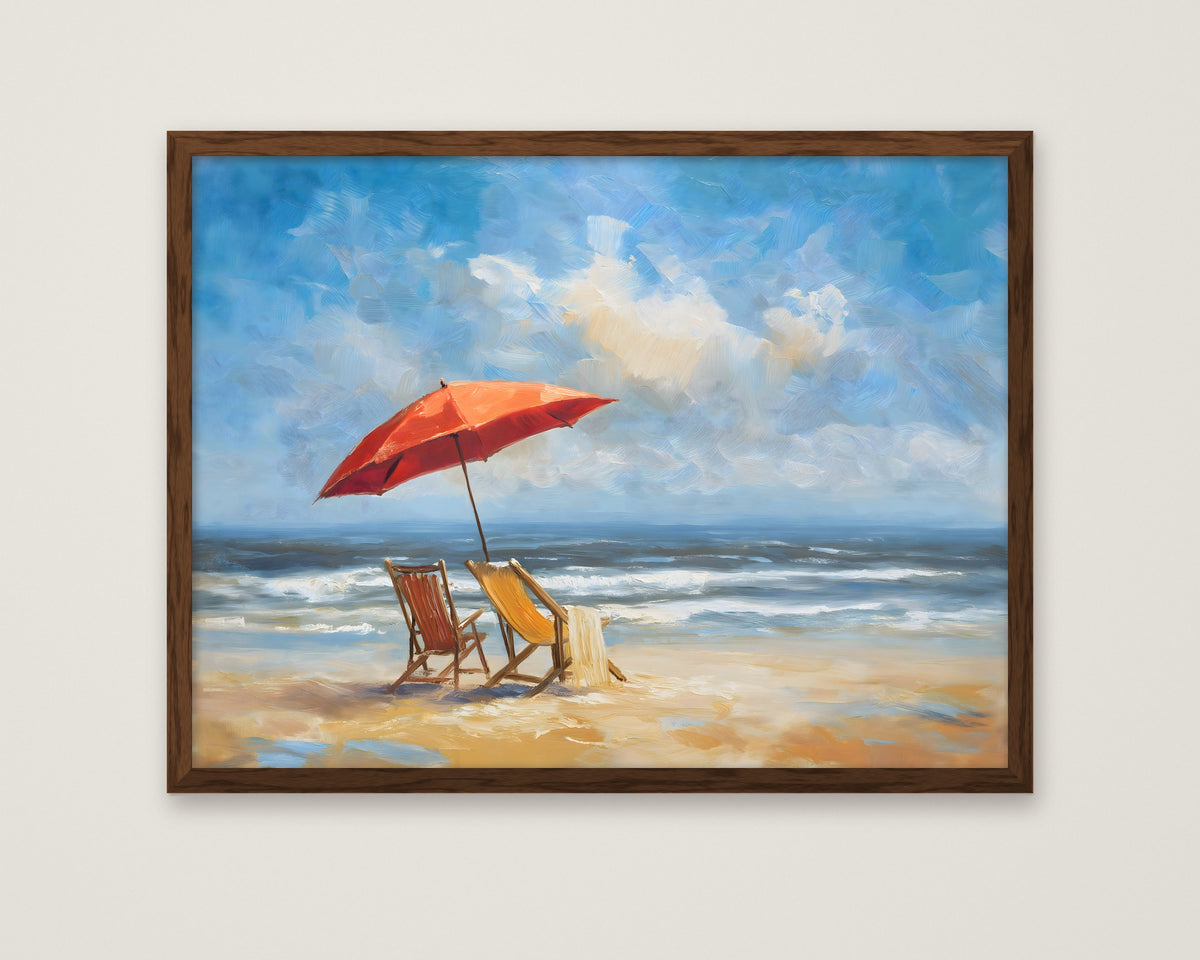Beach Chairs Umbrella Ocean Painting in a dark wood frame