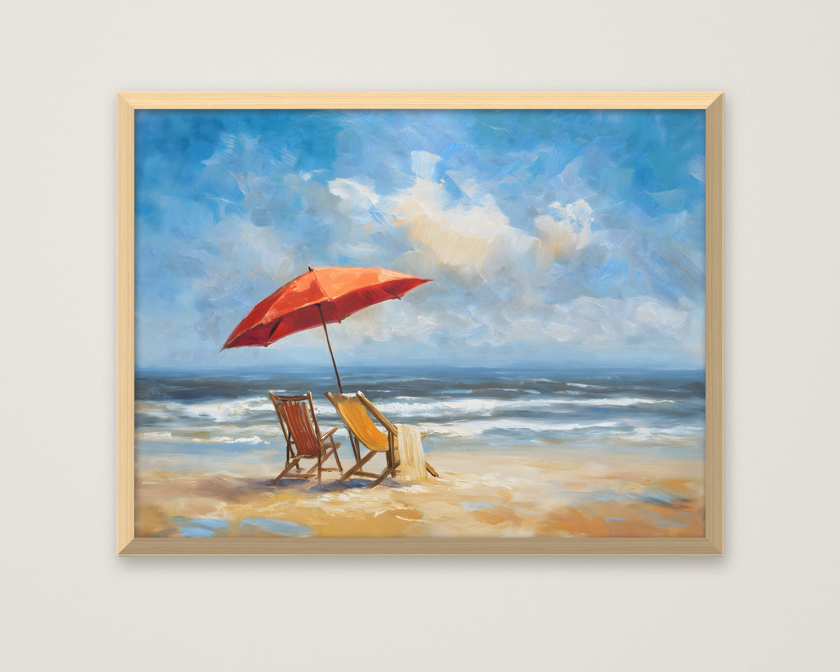 Beach Chairs Umbrella Ocean Painting in a natural wood frame